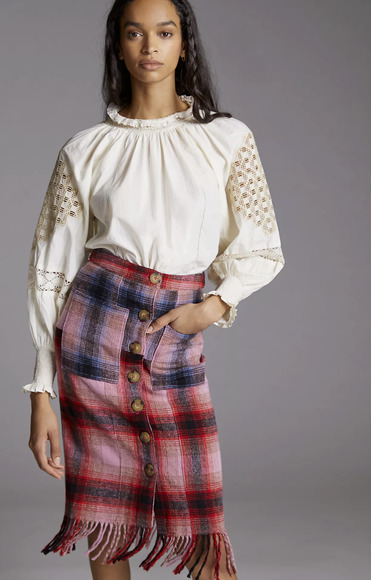 NEW Anthropologie Maeve Fringed Pink Blue Plaid Button Mini Skirt - 2 - Picture 3 of 9